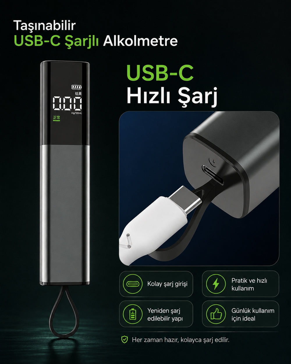 Reducer Taşınabilir USB-C Şarjlı Alkolmetre