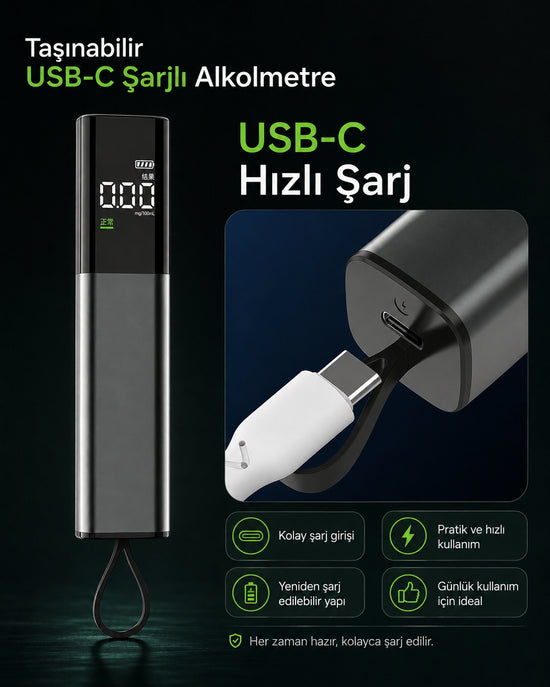 Reducer Taşınabilir USB-C Şarjlı Alkolmetre