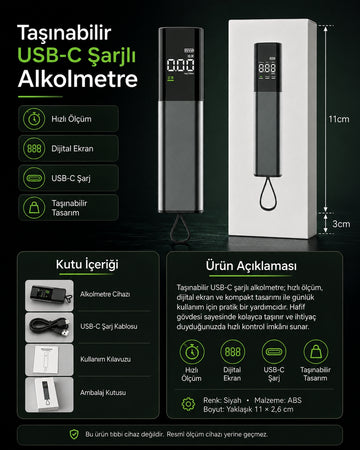 Reducer Taşınabilir USB-C Şarjlı Alkolmetre