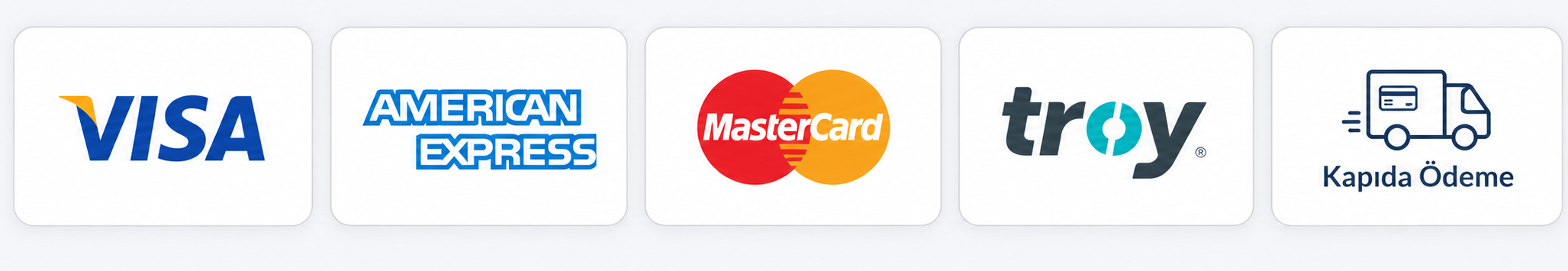 Visa, American Express, Mastercard, Troy ve kapıda ödeme seçenekleri